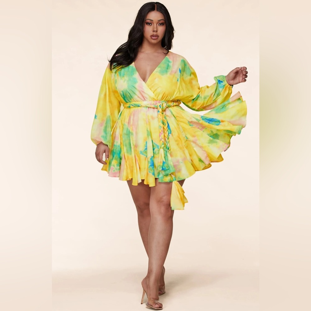 NWT PuteriaXO Plus Size Plunge Tie Dye Mini Dress with Braided Rope Belt